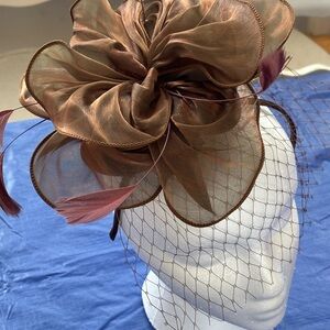 Brown Floral Hat with Veil and Feathers